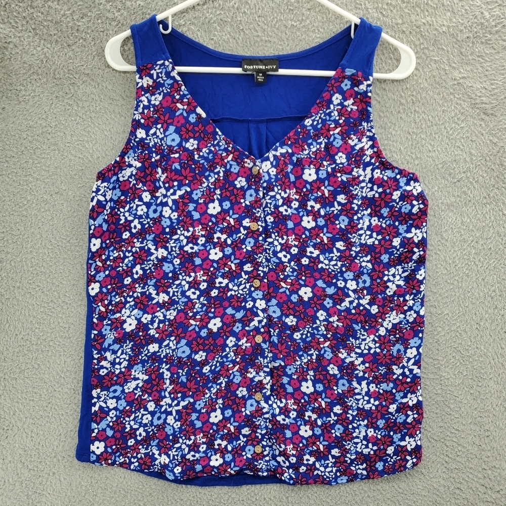 Fortune Ivy Shirt Womens Medium Blouse Blue Stitch Fix Floral Sleeveless V-Neck